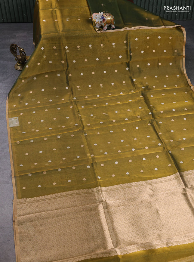 Banarasi tissue silk saree mehendi green with allover silver & zari woven buttas and zari woven piping border