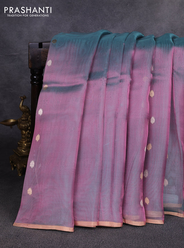 Banarasi tissue silk saree dual shade of pink with allover zari woven buttas and zari woven piping border