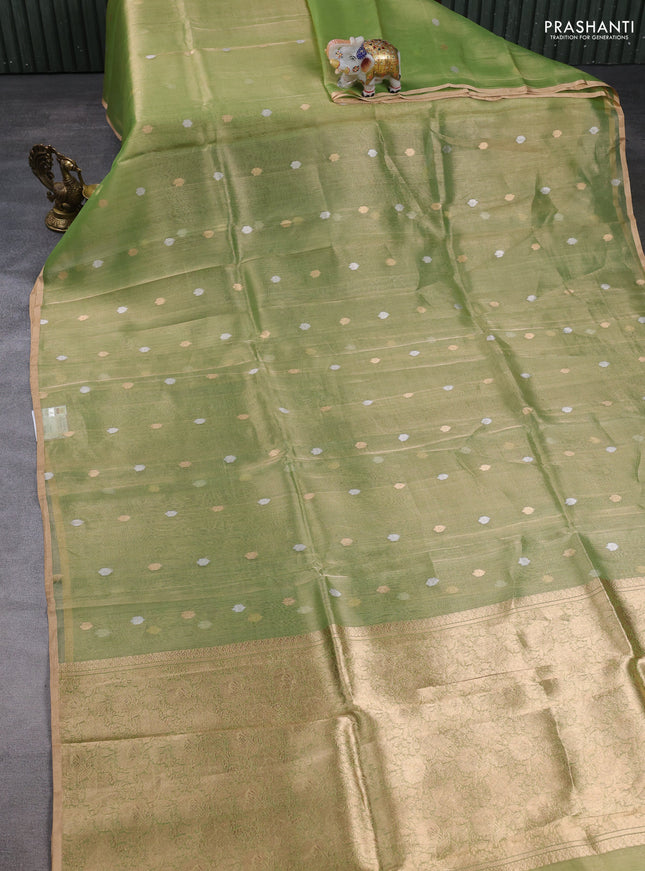 Banarasi tissue silk saree light green with allover silver & zari woven buttas and zari woven piping border