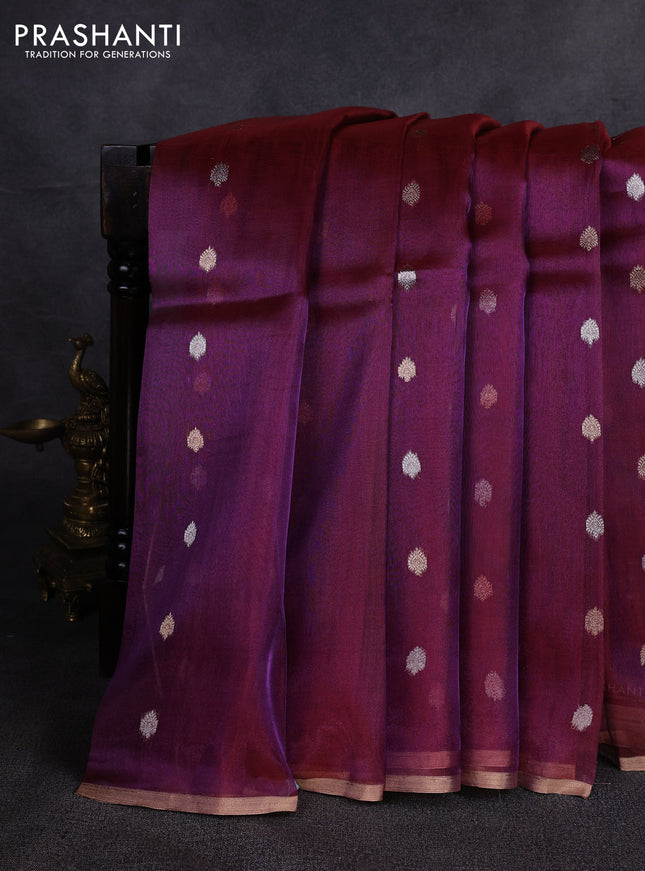 Banarasi tissue silk saree dual shade of purple with allover silver & zari woven buttas and zari woven piping border