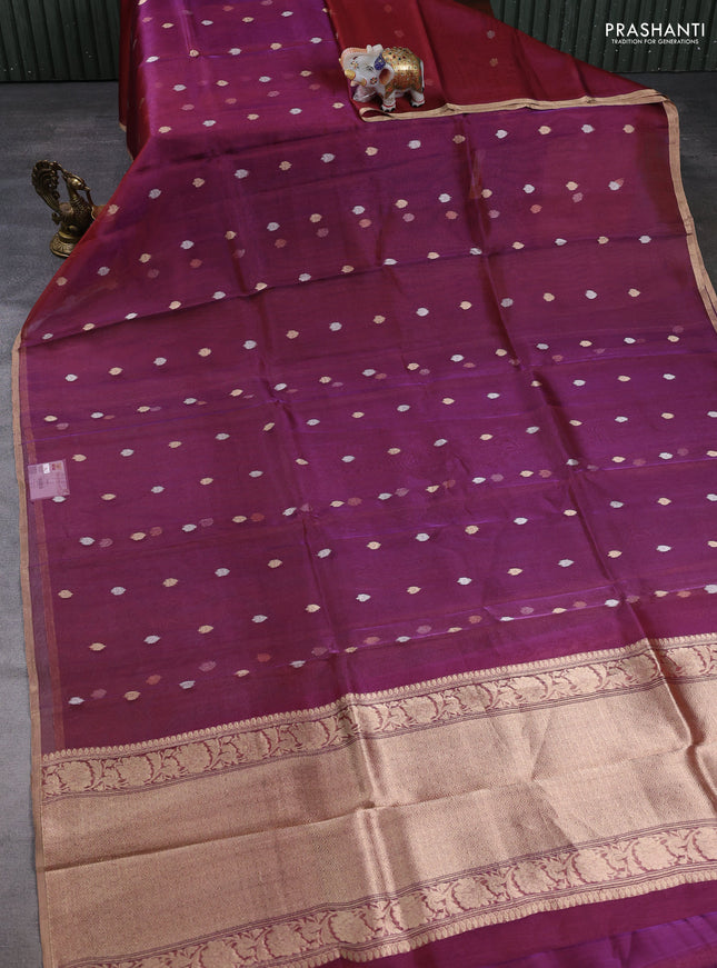 Banarasi tissue silk saree dual shade of purple with allover silver & zari woven buttas and zari woven piping border