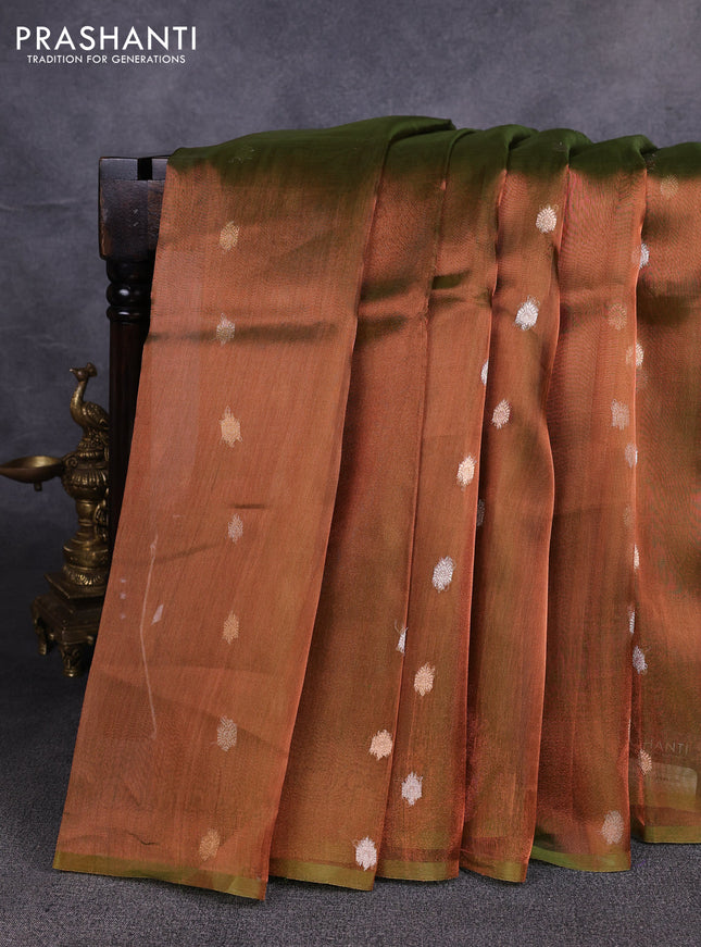 Banarasi tissue silk saree duall shade of green with allover silver & zari woven buttas and zari woven piping border