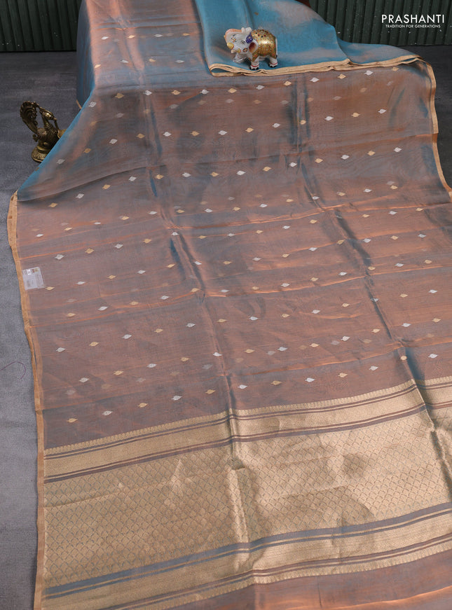Banarasi tissue silk saree dual shade of blue with allover silver & zari woven buttas and zari woven piping border
