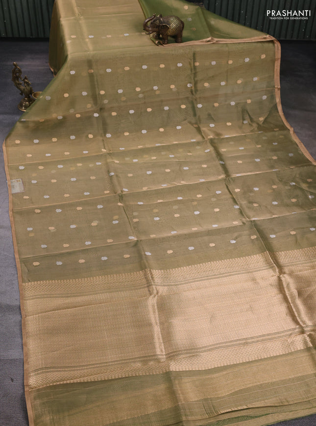 Banarasi tissue silk saree light green with allover silver & zari woven buttas and zari woven piping border