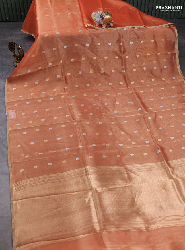 Banarasi tissue silk saree dual shade orange with allover silver & zari woven buttas and zari woven piping border
