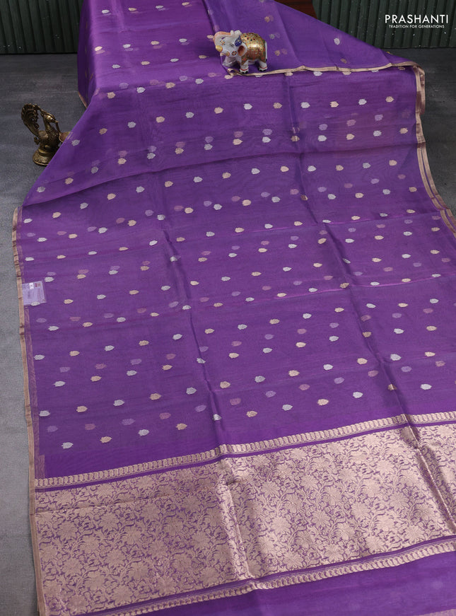 Banarasi tissue silk saree lavender with allover silver & zari woven buttas and zari woven piping border