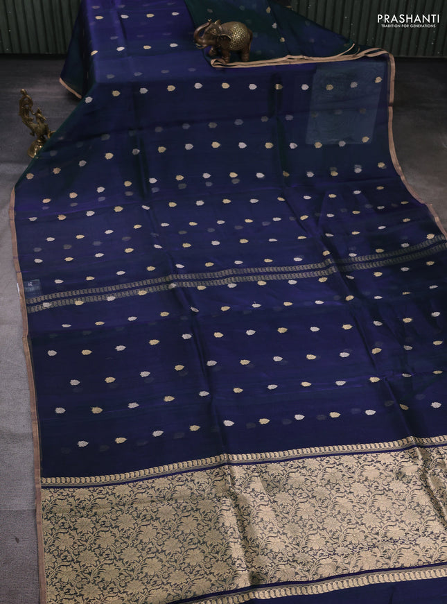 Banarasi tissue silk saree dual shade of bluish green with allover silver & zari woven buttas and zari woven piping border