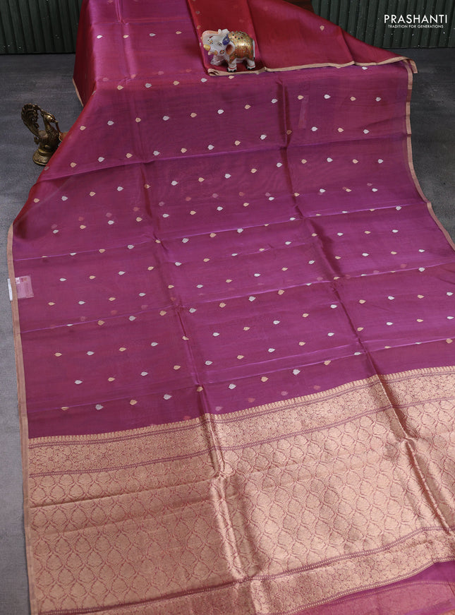 Banarasi tissue silk saree magenta pink with allover silver & zari woven buttas and zari woven piping border