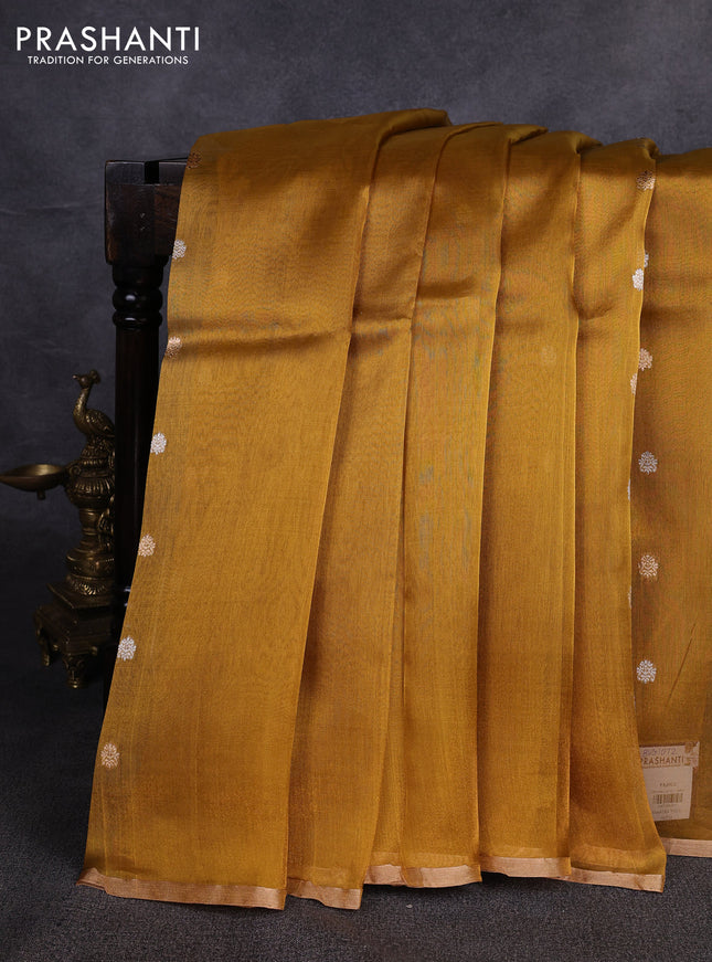 Banarasi tissue silk saree mustard yellow with allover silver & zari woven buttas and zari woven piping border