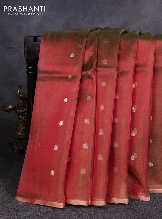 Banarasi tissue silk saree dual shade of reddish green with allover silver & zari woven buttas and zari woven piping border