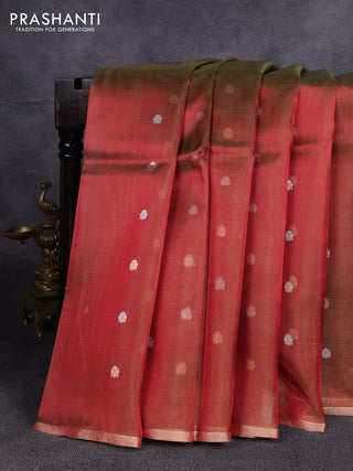 Banarasi tissue silk saree dual shade of reddish green with allover silver & zari woven buttas and zari woven piping border