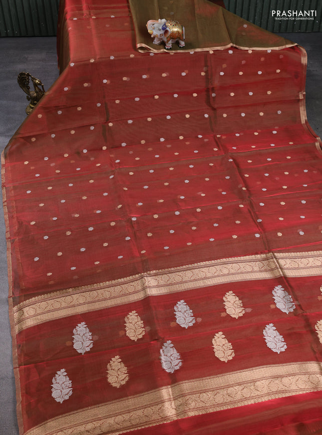 Banarasi tissue silk saree dual shade of reddish green with allover silver & zari woven buttas and zari woven piping border