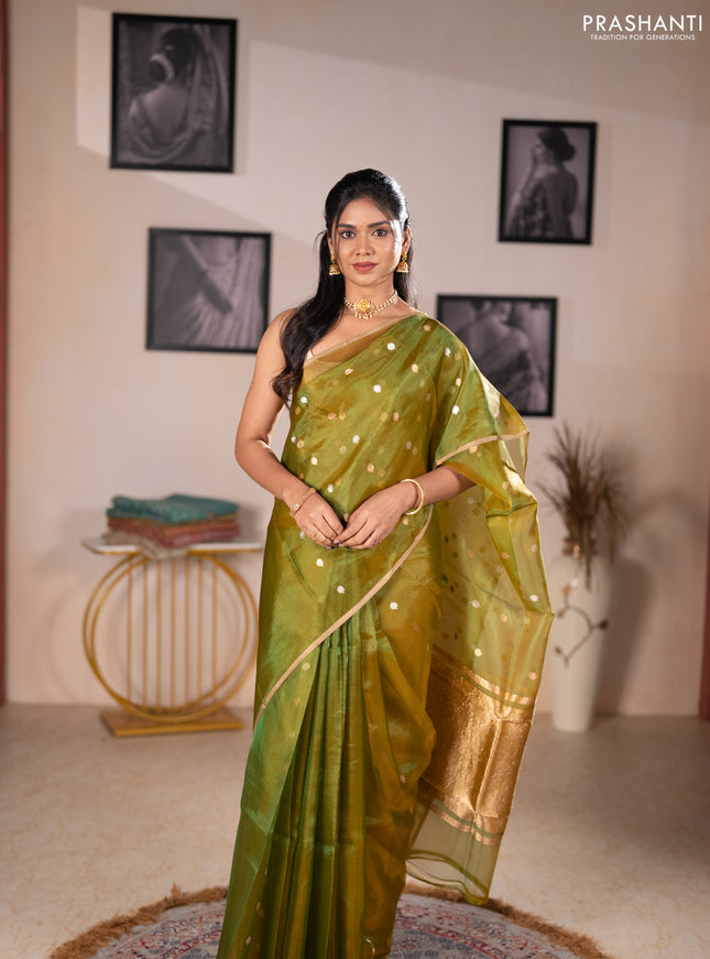 Banarasi tissue silk saree dual shade of green with allover silver & zari woven buttas and zari woven piping border