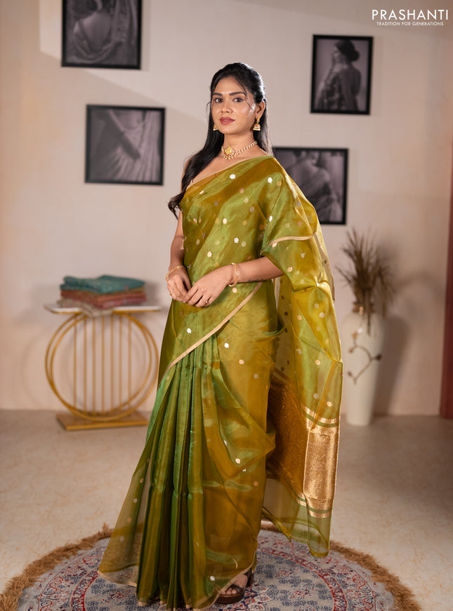 Banarasi tissue silk saree dual shade of green with allover silver & zari woven buttas and zari woven piping border