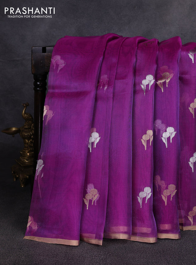 Banarasi tissue silk saree purple with allover silver & zari woven floral buttas and zari woven piping border