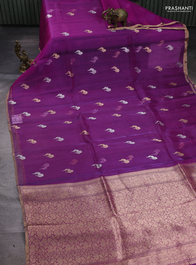 Banarasi tissue silk saree purple with allover silver & zari woven floral buttas and zari woven piping border