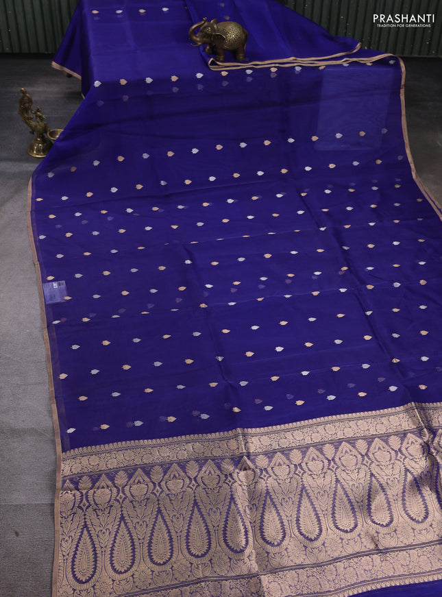 Banarasi tissue silk saree blue with allover silver & zari woven buttas and zari woven piping border