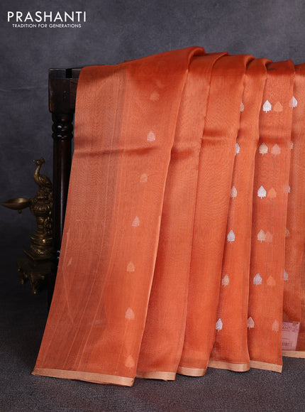Banarasi tissue silk saree orange with allover silver & zari woven buttas and zari woven piping border