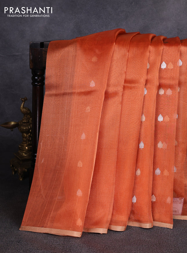 Banarasi tissue silk saree orange with allover silver & zari woven buttas and zari woven piping border