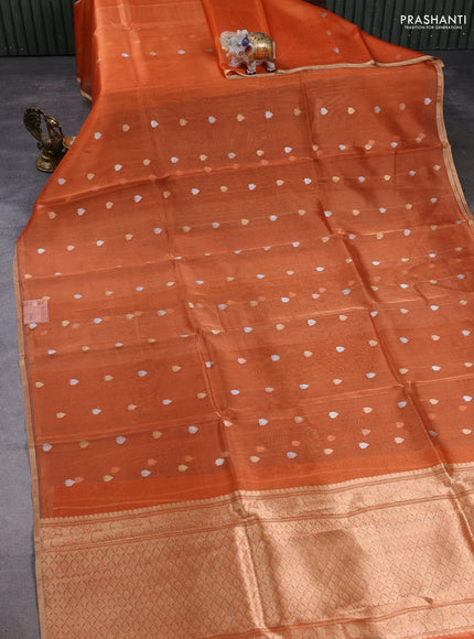 Banarasi tissue silk saree orange with allover silver & zari woven buttas and zari woven piping border