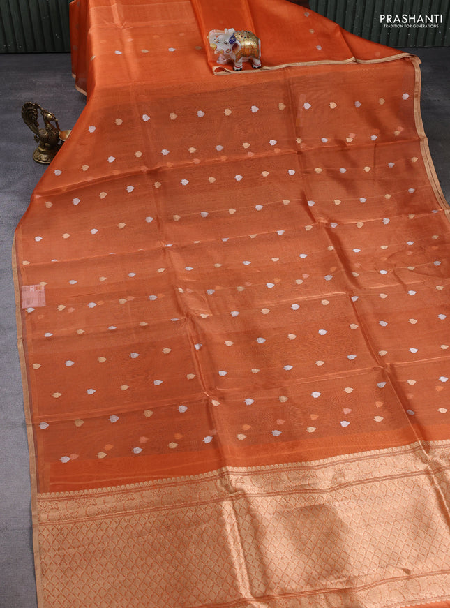 Banarasi tissue silk saree orange with allover silver & zari woven buttas and zari woven piping border