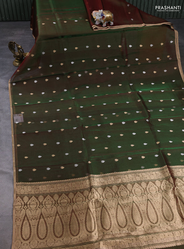 Banarasi tissue silk saree manthuier green with allover zari woven buttas and zari woven piping border