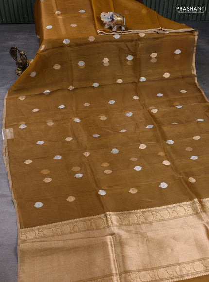 Banarasi tissue silk saree mustard yellow with allover zari woven buttas and zari woven piping border