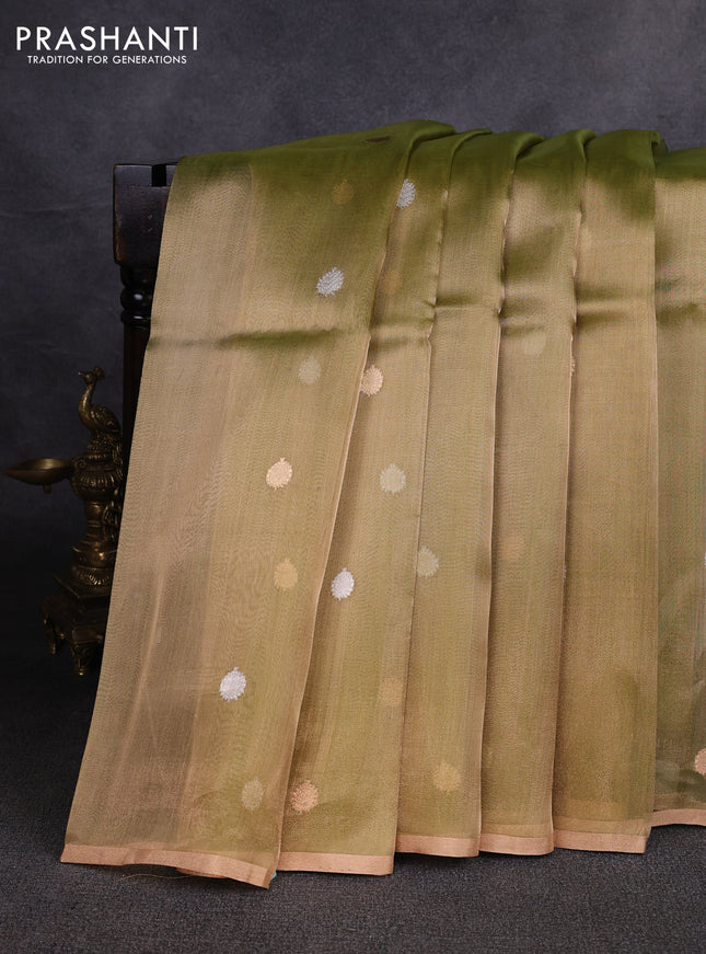 Banarasi tissue silk saree lime green with allover silver & zari woven buttas and zari woven piping border