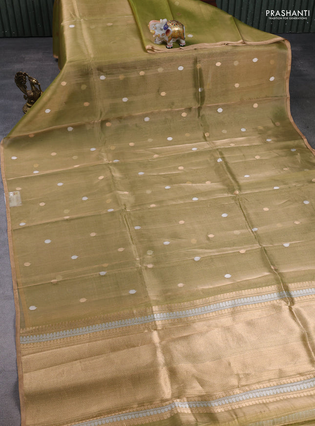 Banarasi tissue silk saree lime green with allover silver & zari woven buttas and zari woven piping border