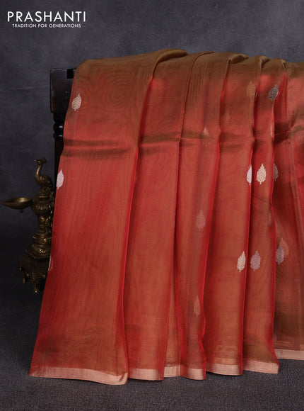 Banarasi tissue silk saree rust shade with allover silver & zari woven buttas and zari woven piping border