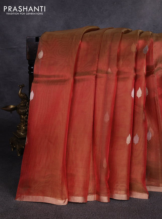Banarasi tissue silk saree rust shade with allover silver & zari woven buttas and zari woven piping border