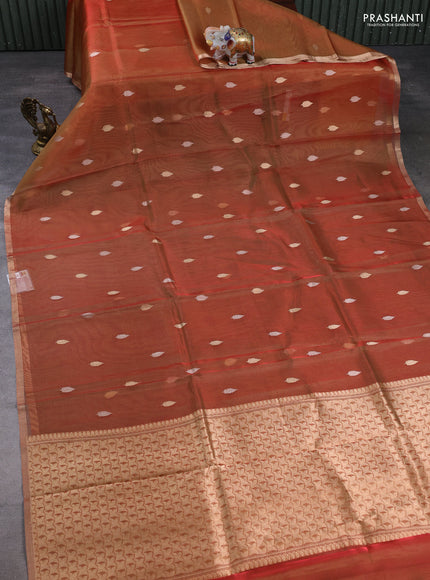 Banarasi tissue silk saree rust shade with allover silver & zari woven buttas and zari woven piping border