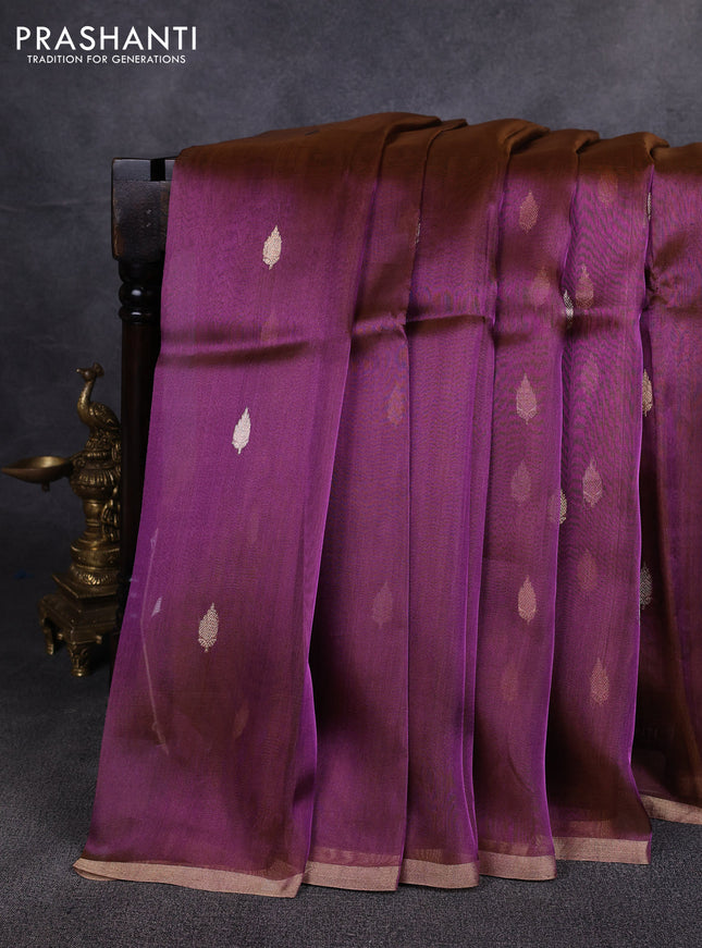 Banarasi tissue silk saree dual shade of mild purple with allover silver & zari woven buttas and zari woven piping border