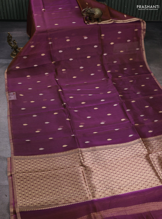 Banarasi tissue silk saree dual shade of mild purple with allover silver & zari woven buttas and zari woven piping border