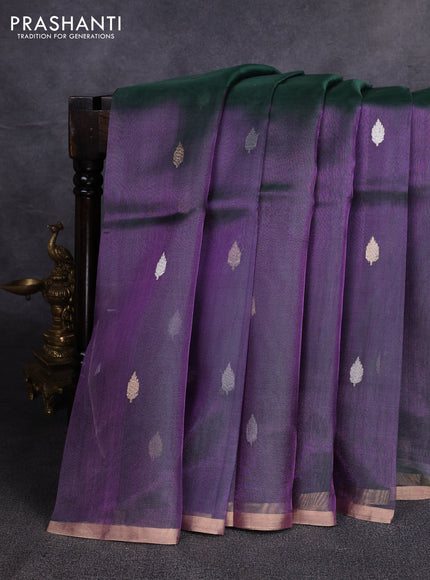 Banarasi tissue silk saree dual shade of greenish purple with allover silver & zari woven buttas and zari woven piping border