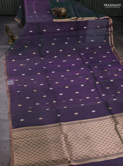 Banarasi tissue silk saree dual shade of greenish purple with allover silver & zari woven buttas and zari woven piping border