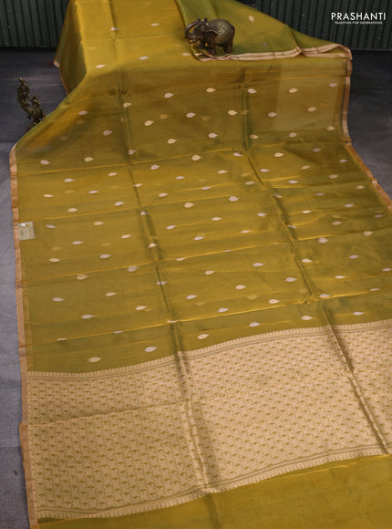 Banarasi tissue silk saree dual shade of mustard green with allover silver & zari woven buttas and zari woven piping border