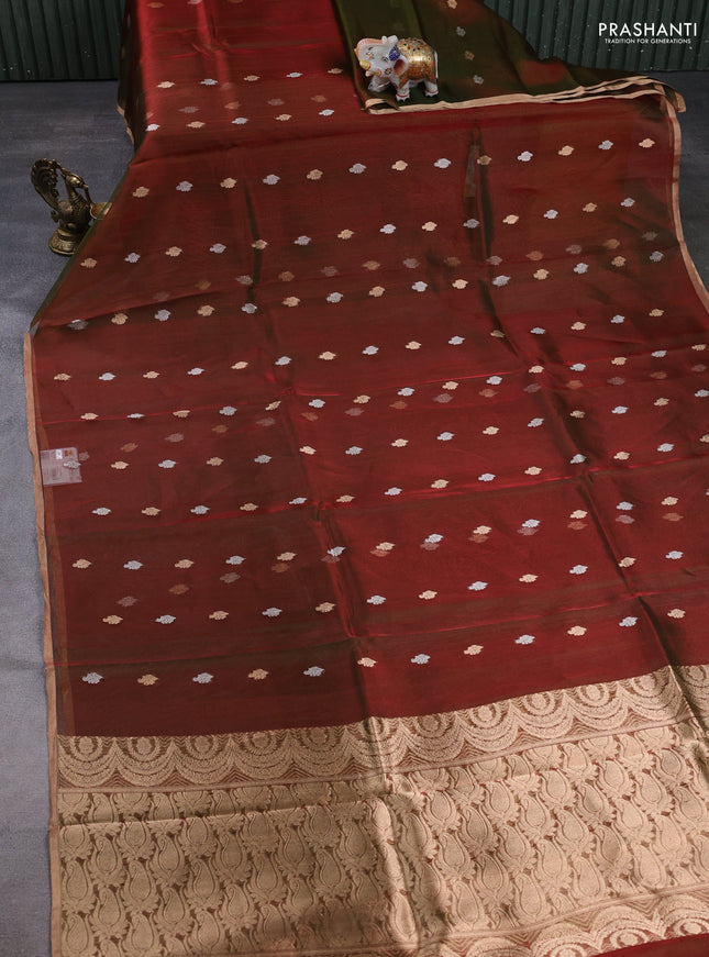 Banarasi tissue silk saree manthulir green with allover silver & zari woven buttas and zari woven piping border