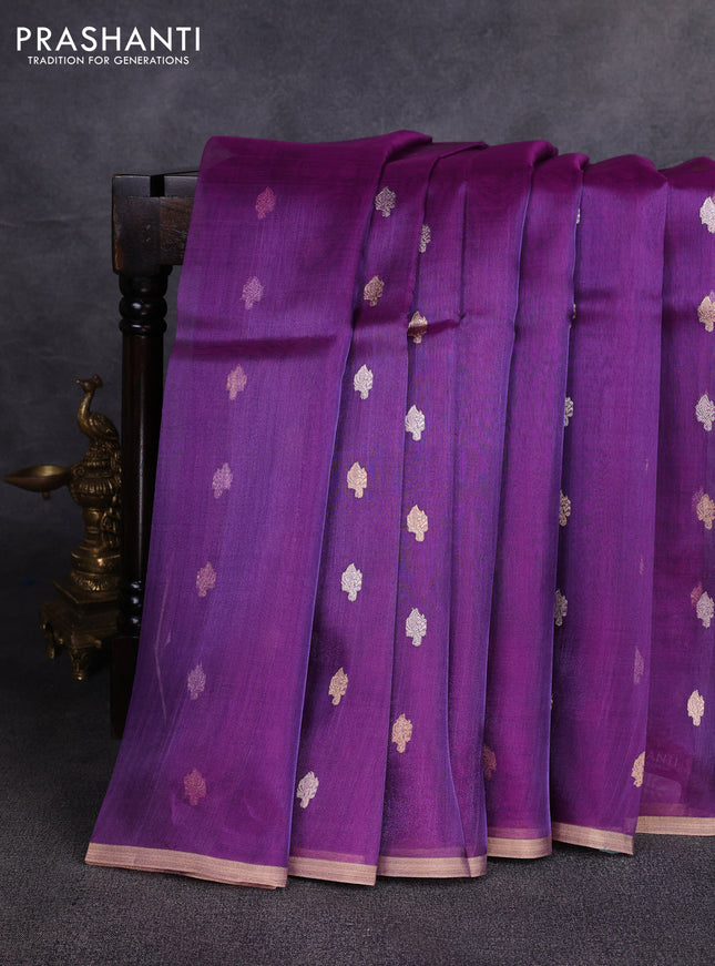 Banarasi tissue silk saree purple with allover silver & zari woven buttas and zari woven piping border