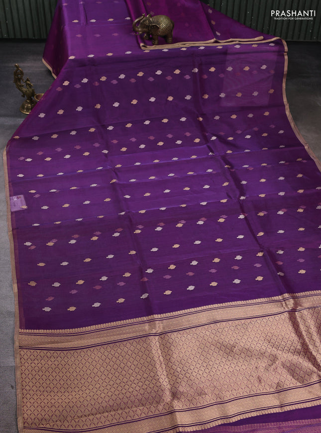 Banarasi tissue silk saree purple with allover silver & zari woven buttas and zari woven piping border