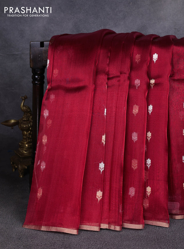 Banarasi tissue silk saree maroon with allover silver & zari woven floral buttas and zari woven piping border