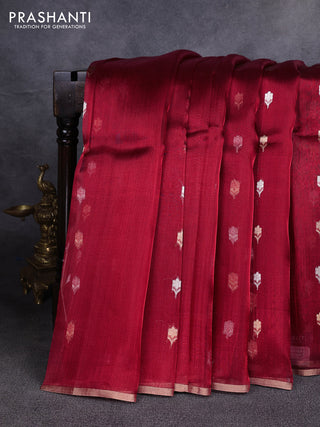 Banarasi tissue silk saree maroon with allover silver & zari woven floral buttas and zari woven piping border