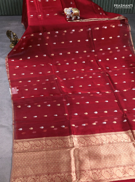 Banarasi tissue silk saree maroon with allover silver & zari woven floral buttas and zari woven piping border