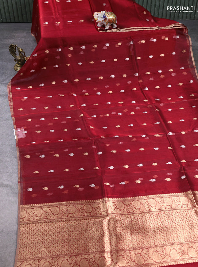 Banarasi tissue silk saree maroon with allover silver & zari woven floral buttas and zari woven piping border