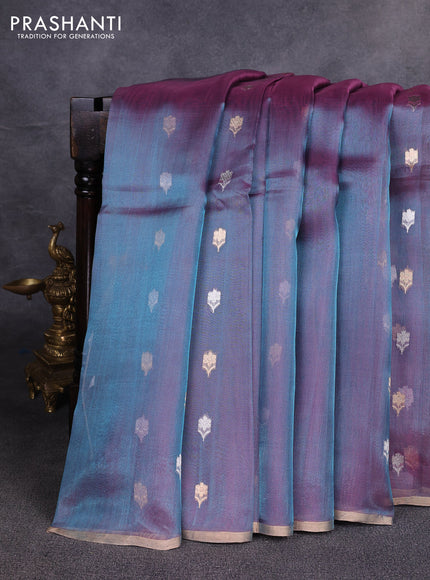 Banarasi tissue silk saree dual shade of bluish purple with allover silver & zari woven floral buttas and zari woven piping border