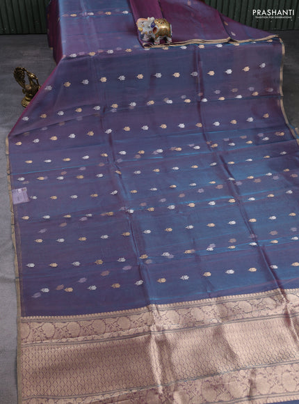 Banarasi tissue silk saree dual shade of bluish purple with allover silver & zari woven floral buttas and zari woven piping border