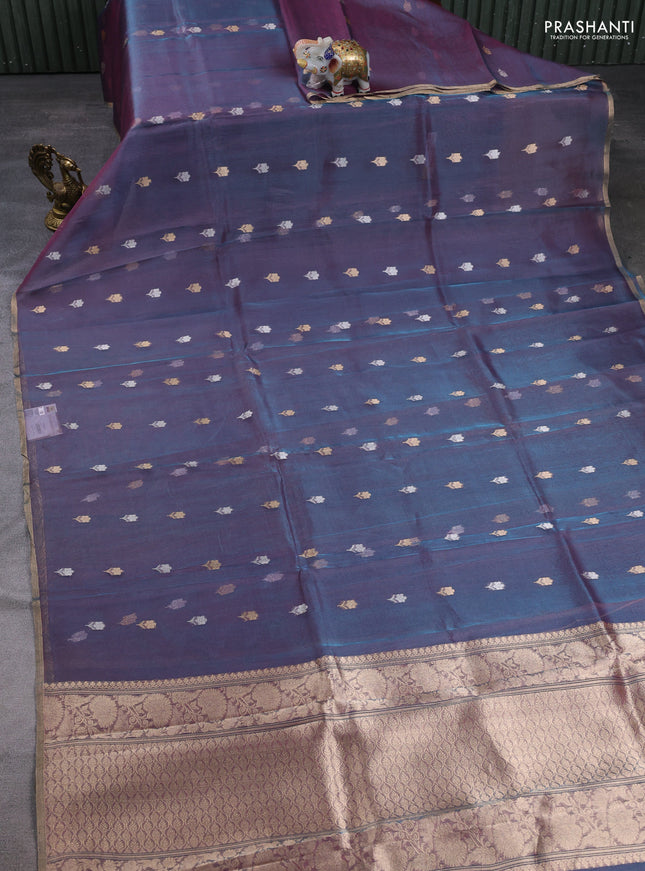 Banarasi tissue silk saree dual shade of bluish purple with allover silver & zari woven floral buttas and zari woven piping border
