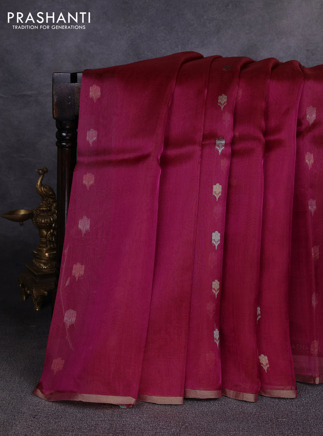 Banarasi tissue silk saree dark pink with allover silver & zari woven floral buttas and zari woven piping border