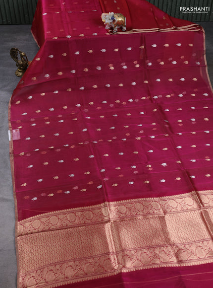 Banarasi tissue silk saree dark pink with allover silver & zari woven floral buttas and zari woven piping border