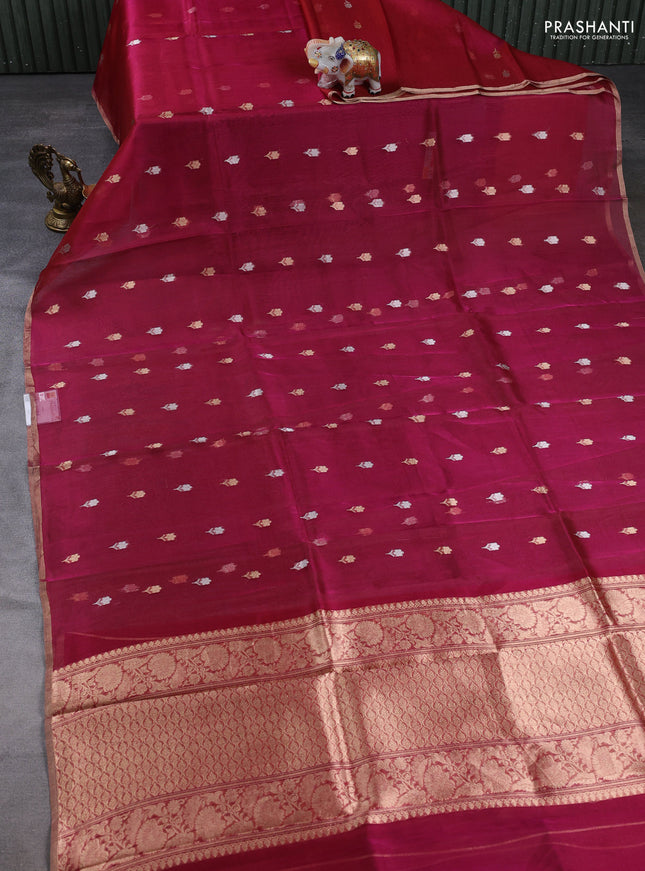 Banarasi tissue silk saree dark pink with allover silver & zari woven floral buttas and zari woven piping border